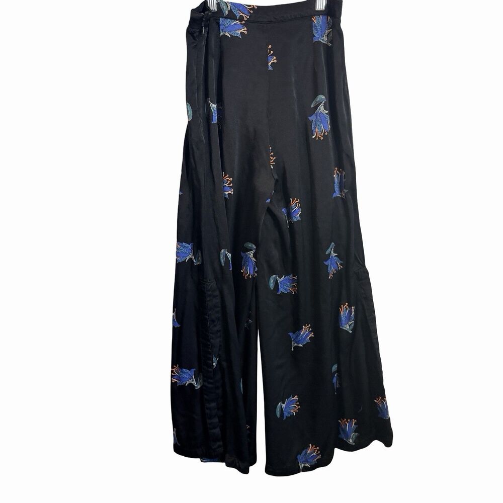 Free People Pants Wide Leg Boho Black Floral Size XS High Rise Side Slit Hem